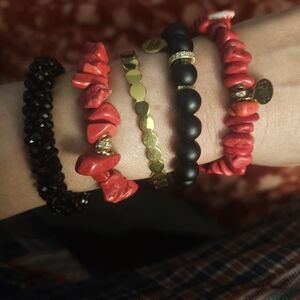 Stackable Red Chip and Gold Bracelet Set - Women Jewelry
